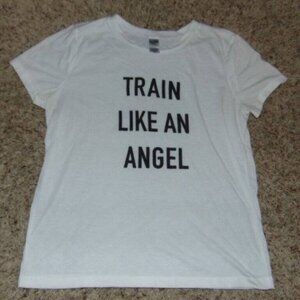 Womens Victorias Secret SPORT Shirt Large Train Like An Angel White Short Sleeve